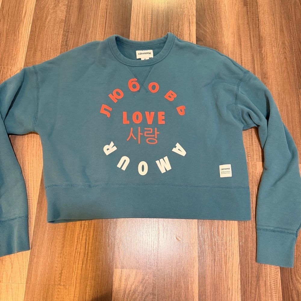 Converse Blue LOVE 사랑 Amour Cropped Sweatshirt Streetwear Korean S